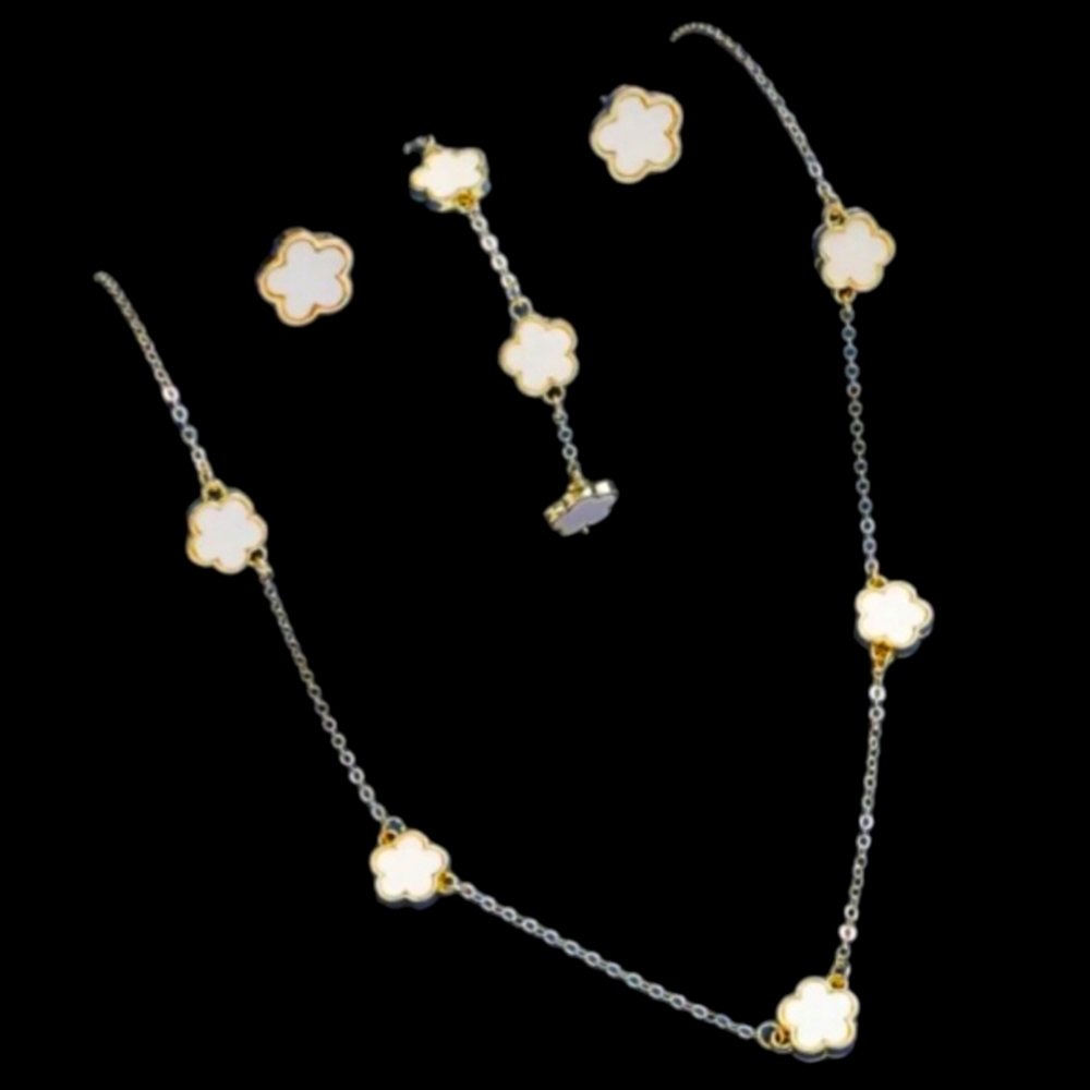 1 Pair Of Earrings +Bracelet +Necklace Chic Jewelry Set Trendy Lucky Flower
